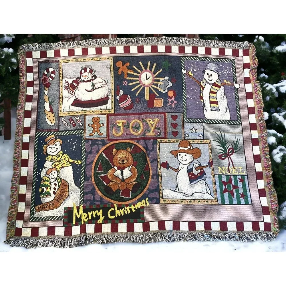 Merry Christmas Snowman Throw Blanket Fringe 46